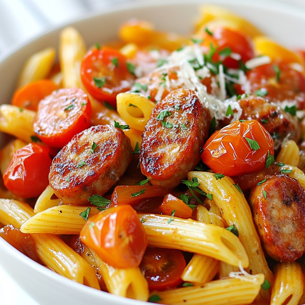 One Skillet Spicy Honey BBQ Chicken Sausage Pasta Delight