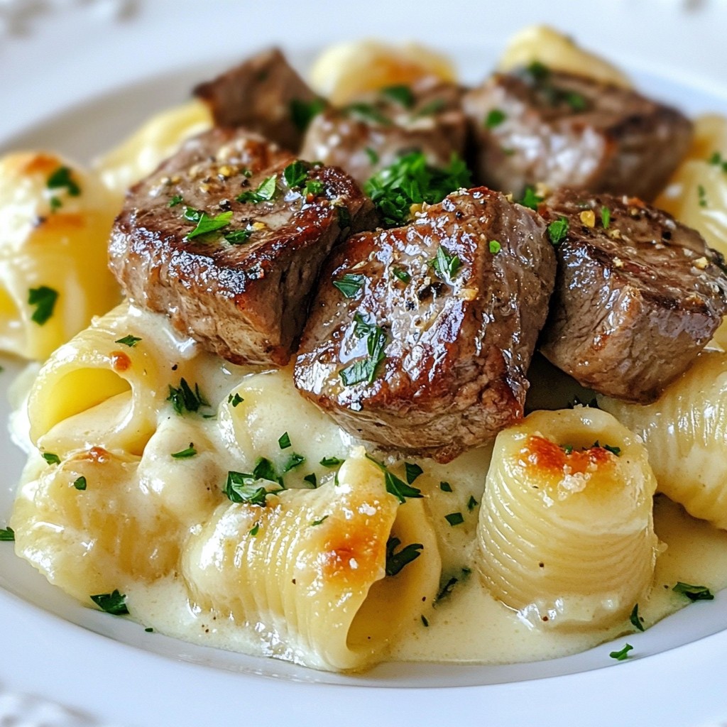 Garlic Butter Steak Bites with Alfredo Shells Delight